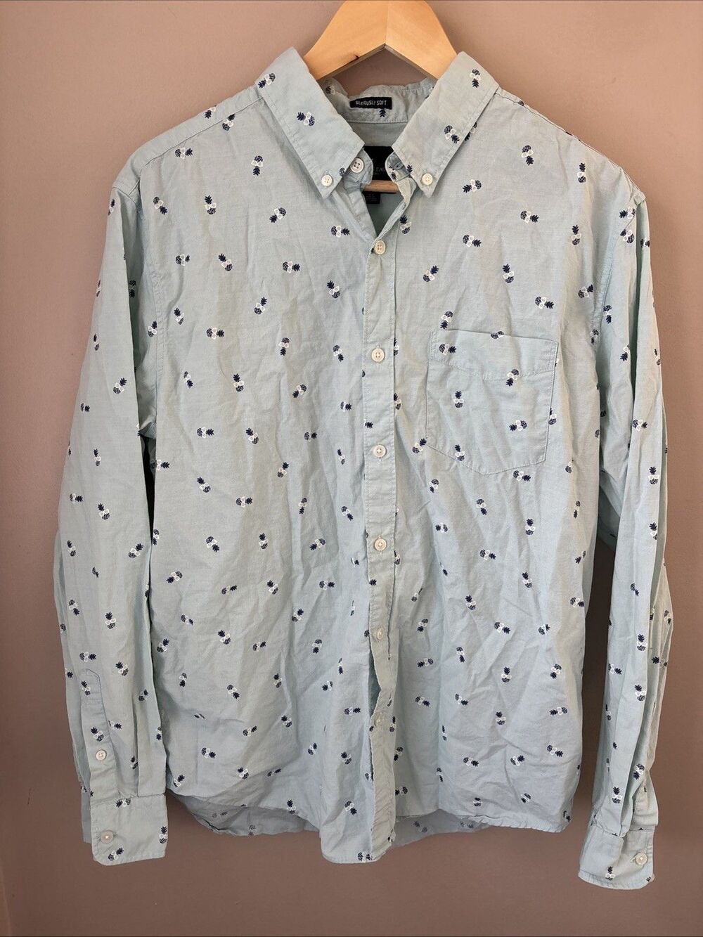 American Eagle Men’s Large Seriously Soft Button Down Shirt Pineapple Print Blue